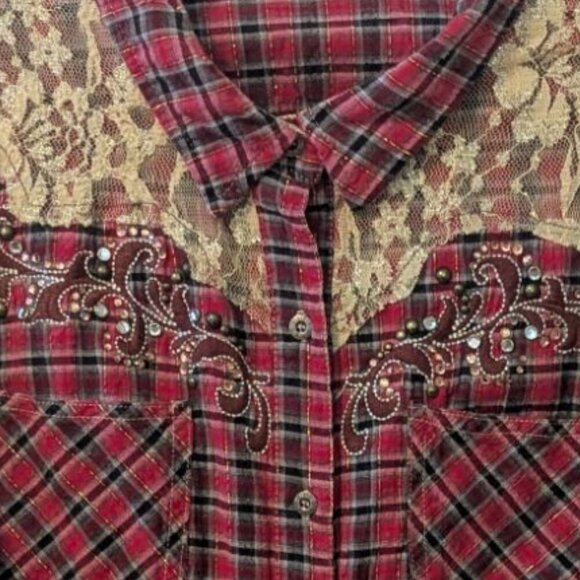 Miss Me Plaid Rhinestone Cross Lace Button Shirt Boho Bling Western Rodeo - Picture 9 of 9